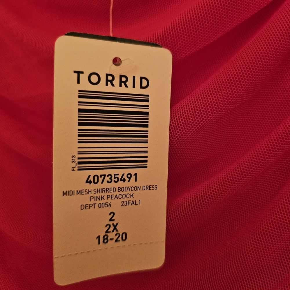 💘Torrid Pink Peacock Mesh Shirred Bodycon Midi Dress💘 Plus Size 18 - Picture 3 of 4